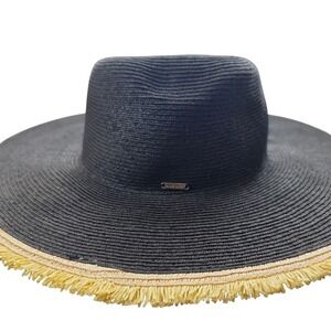 Nine West Black Wide Brim Band Detail Beach Sun‎ Hat One Size Fits All
